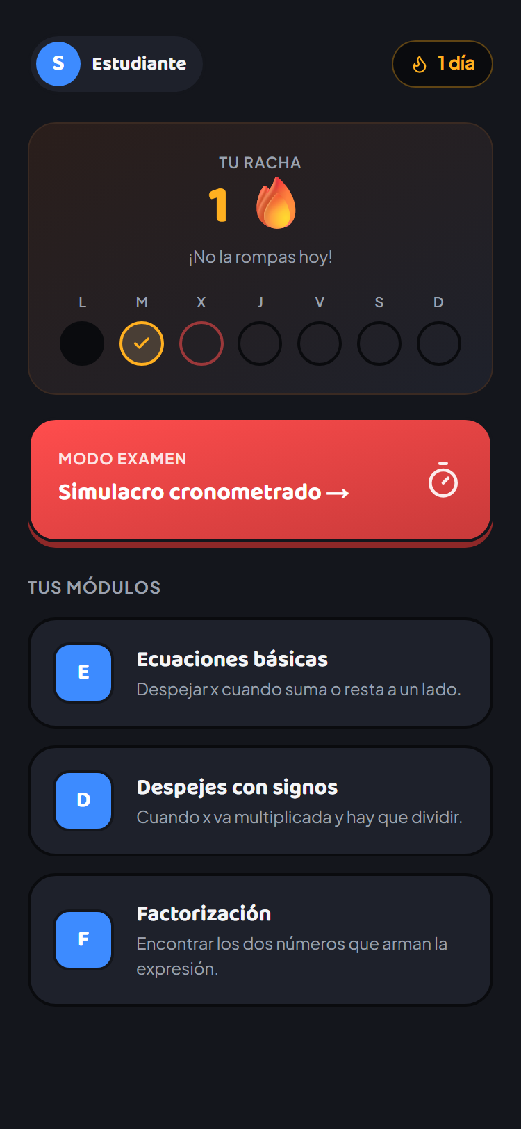 Tu racha y tus módulos del día